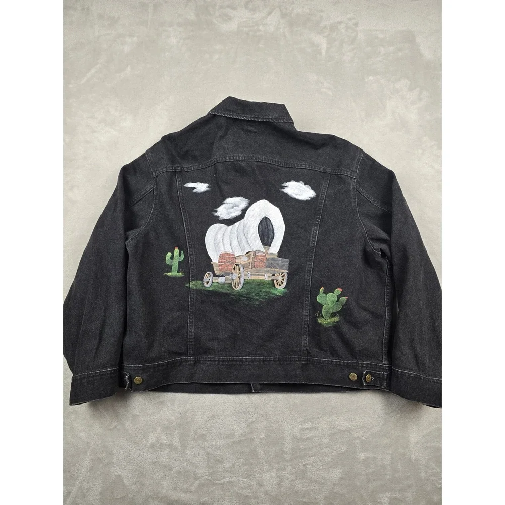 Vintage Lee Riders Denim Jacket Men XXL Black Painted Wolf Wagon Western 70s 80s